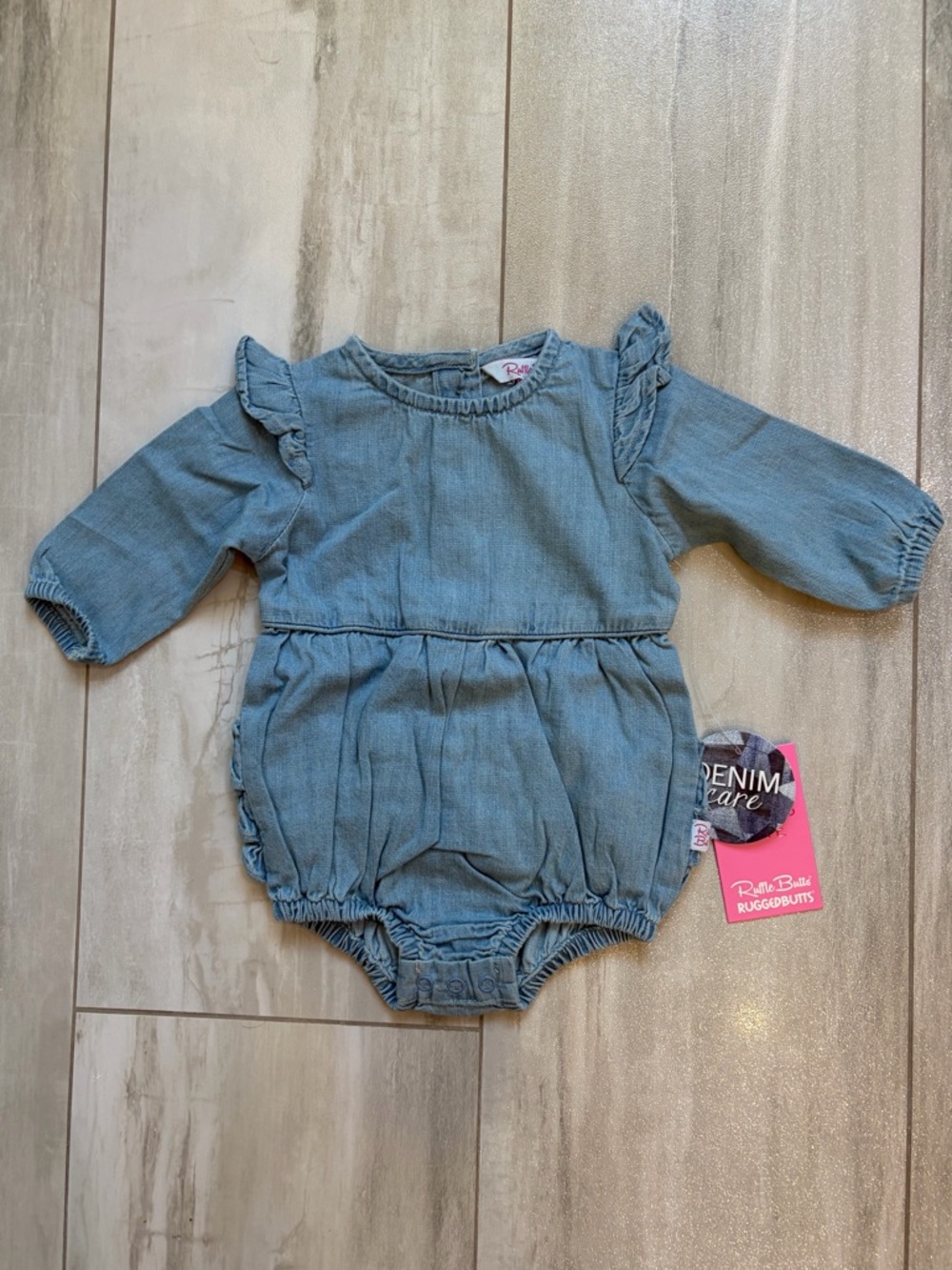NWT RuffleButts Light Wash Long Sleeve Flutter Ruffle Bubble Romper girls 3-6M